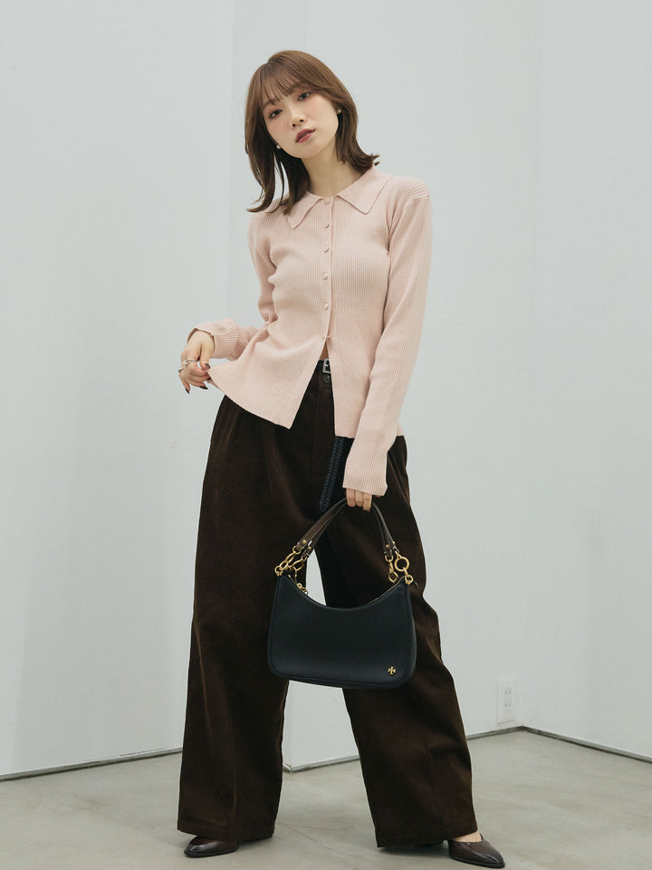 [予約]くるみボタンポロリブニットトップス/pink