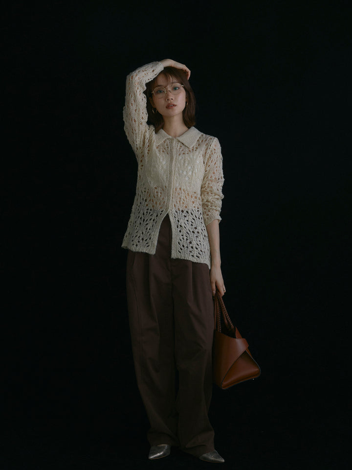 【Allure】[SET]ローゲージ透かし編みポロニッカーディガン+タフタワイドカーブパンツ(2set)