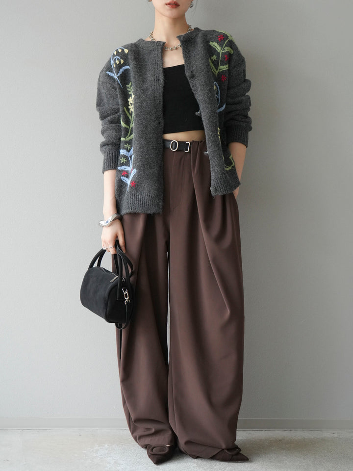 [SET]フラワー刺繍ニットカーディガン+ベルト付タックワイドパンツ(2set)