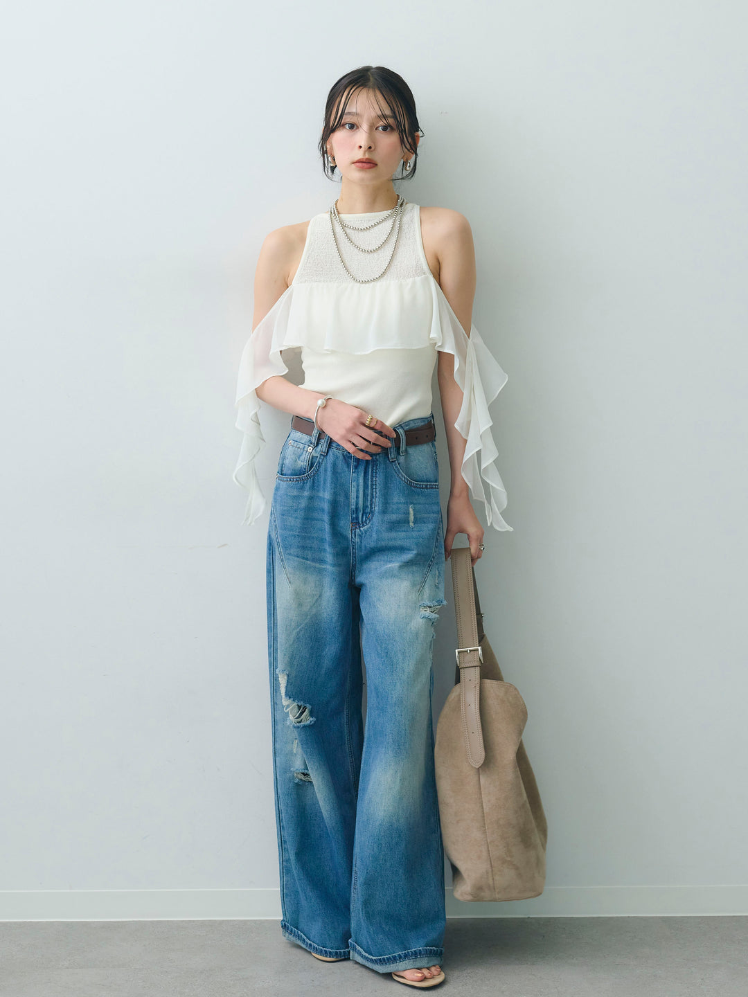 [予約]シフォンフリルドッキングノースリニットトップス/ivory