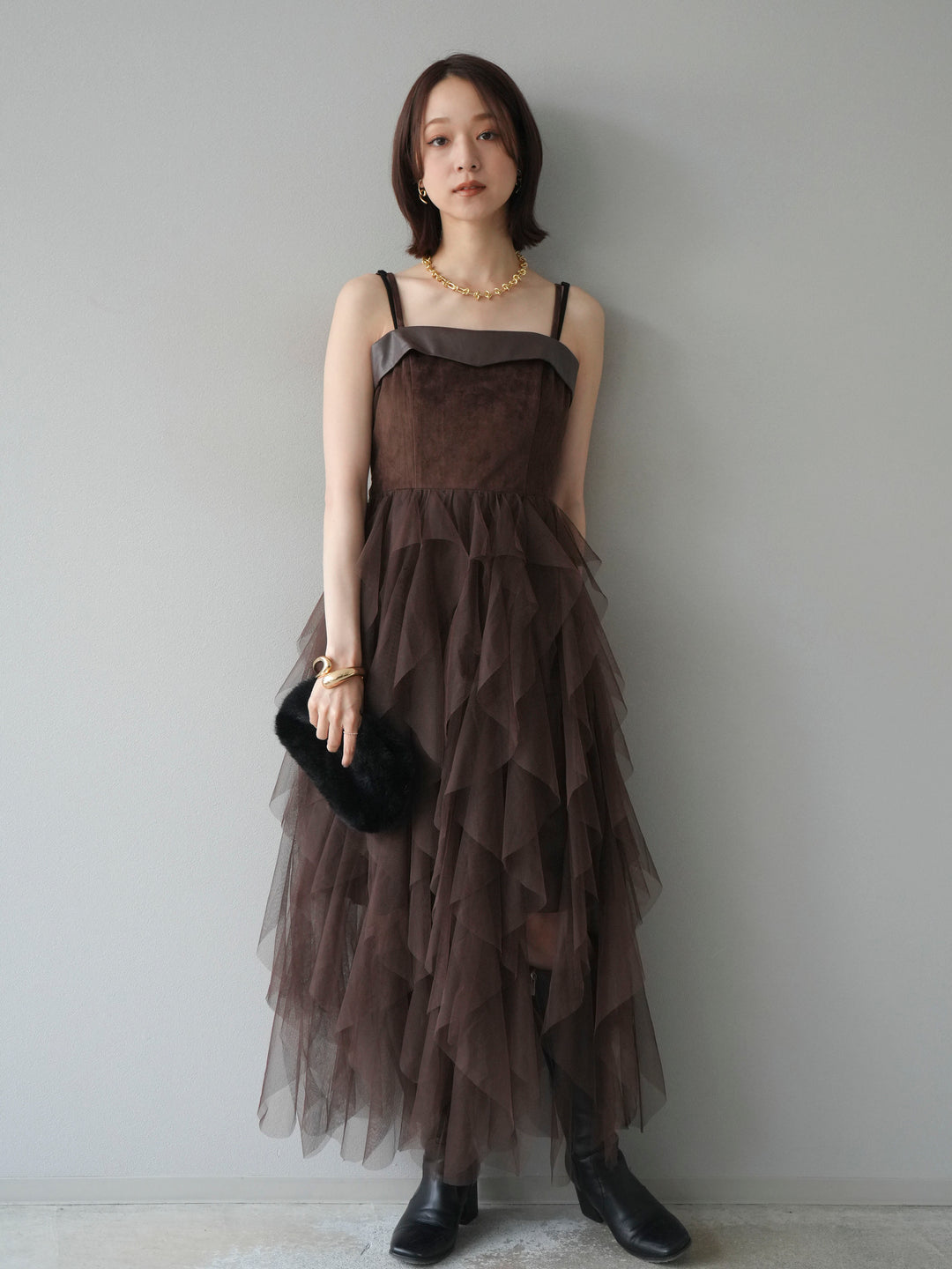 [予約]レザー切替チュールラッフルワンピース/brown