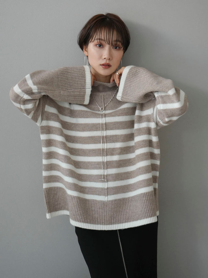 [Pre-order] High-neck Basque striped knit pullover/greyish beige