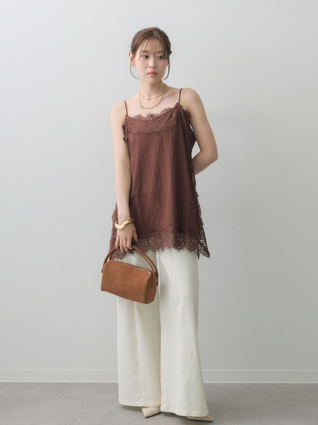 [予約]ワッシャーテクスチャーレーストリムキャミソール/brown