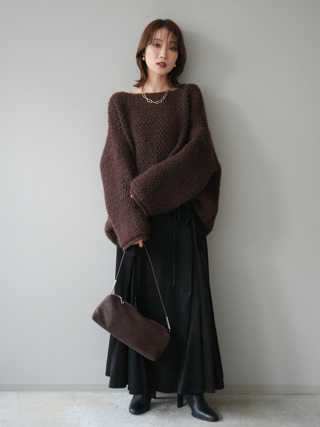 [予約]ワッフル編みオーバーニットプルオーバー/brown