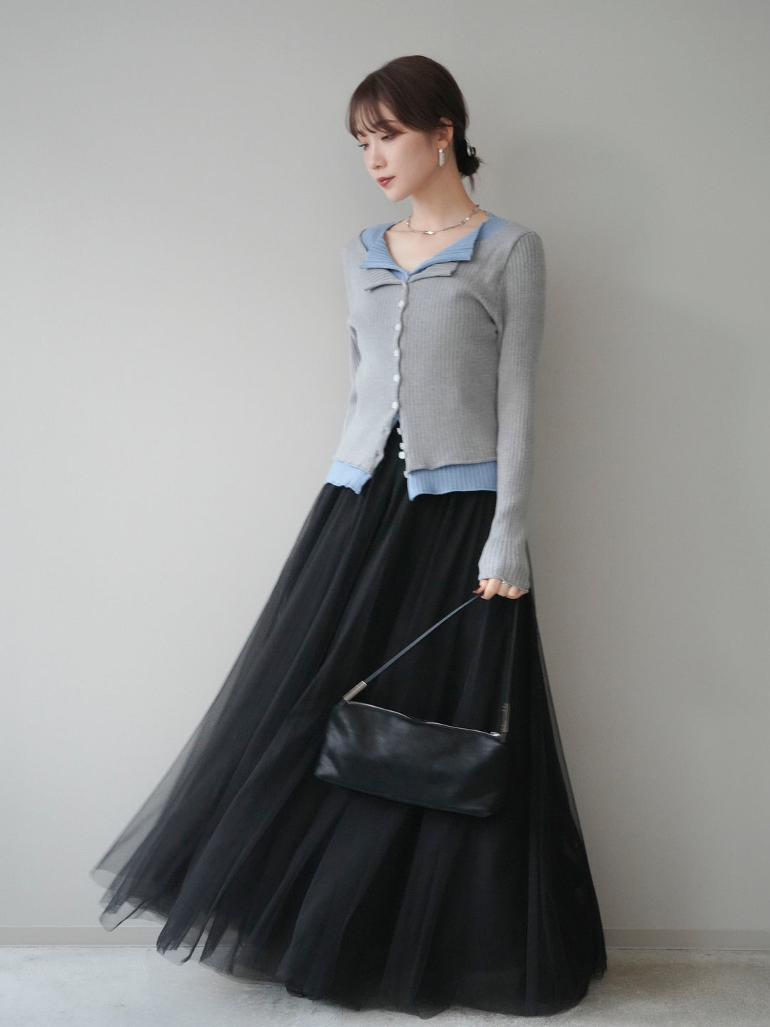 [予約]配色レイヤードリブニットカーディガン/gray