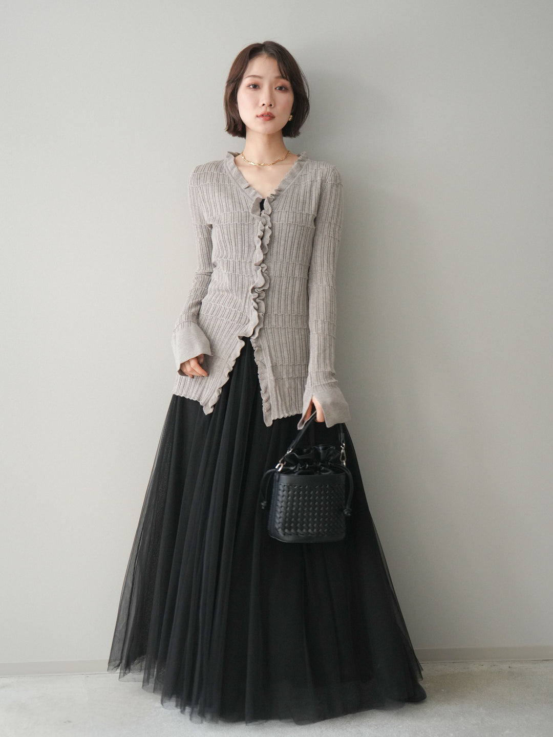 [予約]フロントフリルリブニットカーディガン/greige