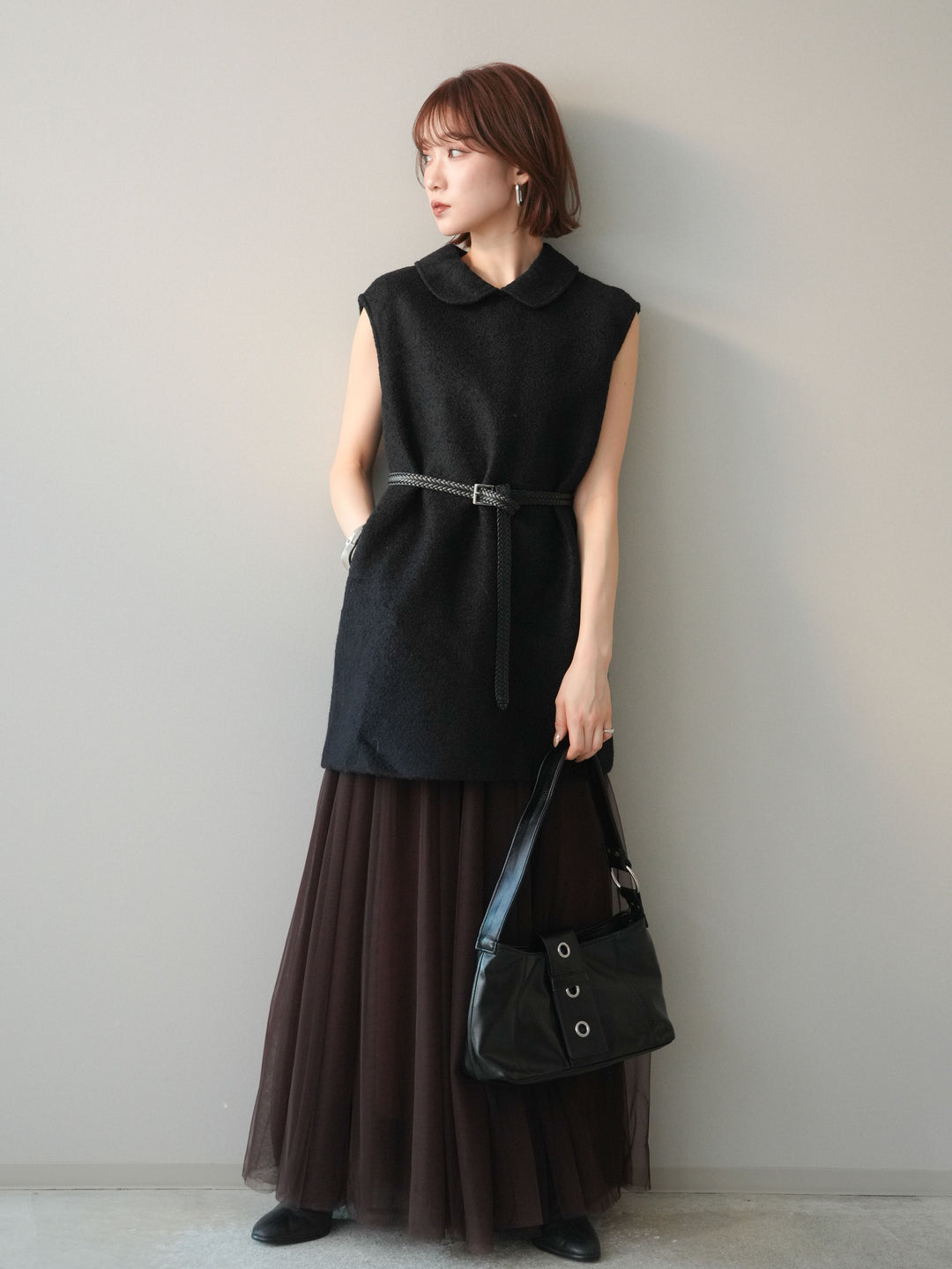 [SET]襟付きブークレミニワンピース+選べるアクセセット(2set)