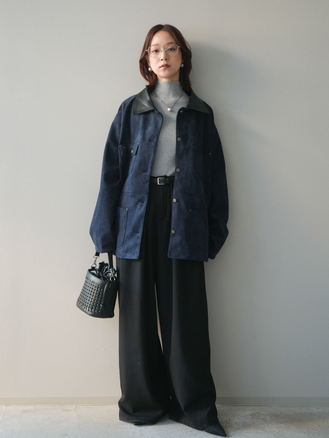 [SET]襟レザーステンカラースエードジャケット+袖ボタンボトルネックリブニットトップス+ベルトループデザインワイドパンツ(3set)