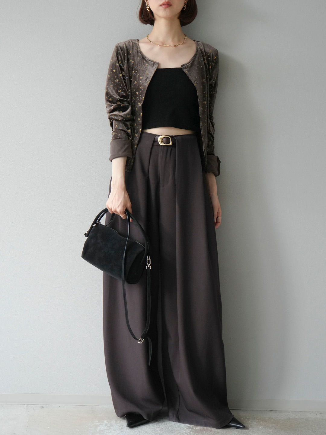 【預購】皮帶環設計寬褲/棕色