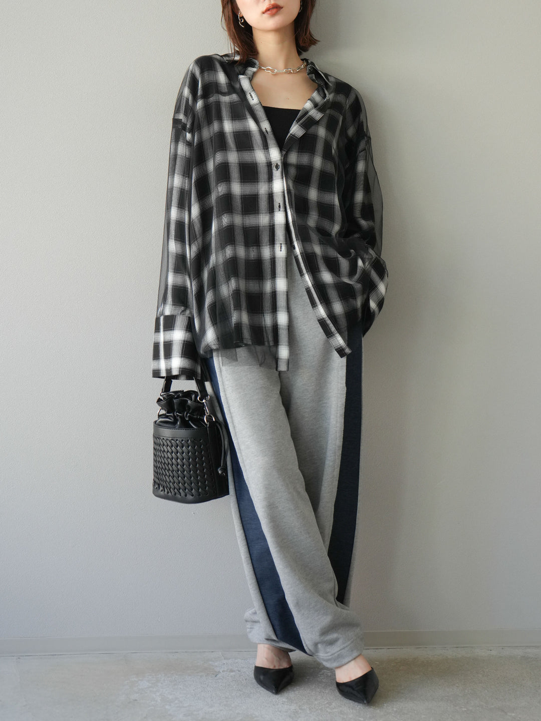 [套裝] 薄紗對接格紋寬鬆襯衫 + 牛仔布 Switch 2-Way 設計運動褲 (2 套)