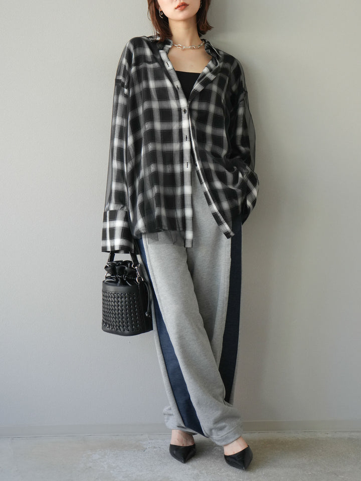 [套裝] 薄紗對接格紋寬鬆襯衫 + 牛仔布 Switch 2-Way 設計運動褲 (2 套)