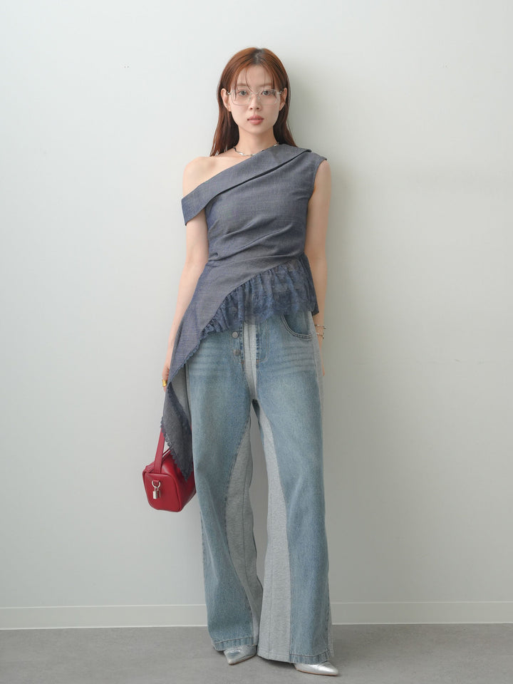 [SET]アシンメトリーラッフルレースヘムトップス+デニム切替スウェットパンツ(2set)