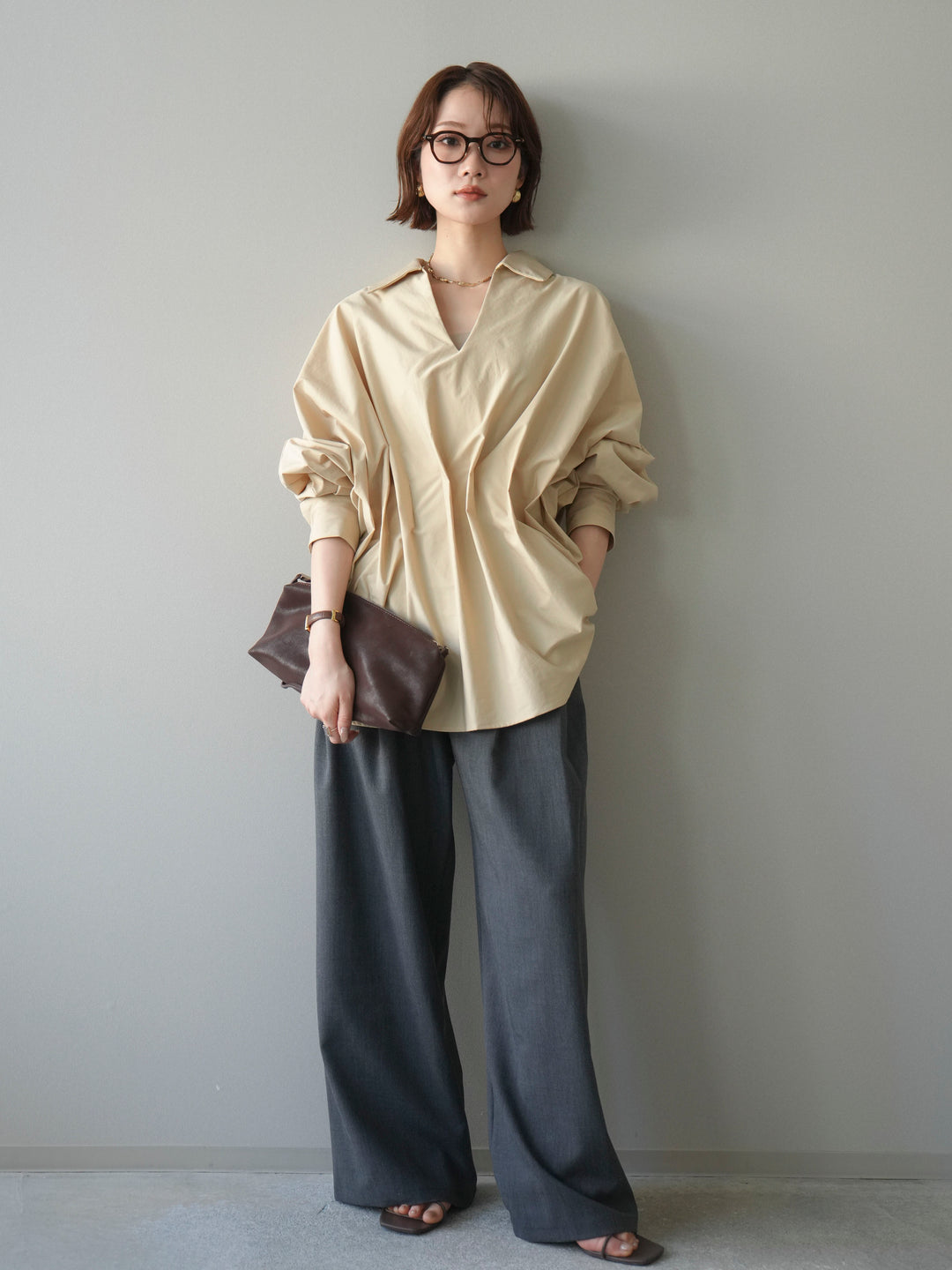 [予約]ウエストギャザースキッパーシャツ/beige