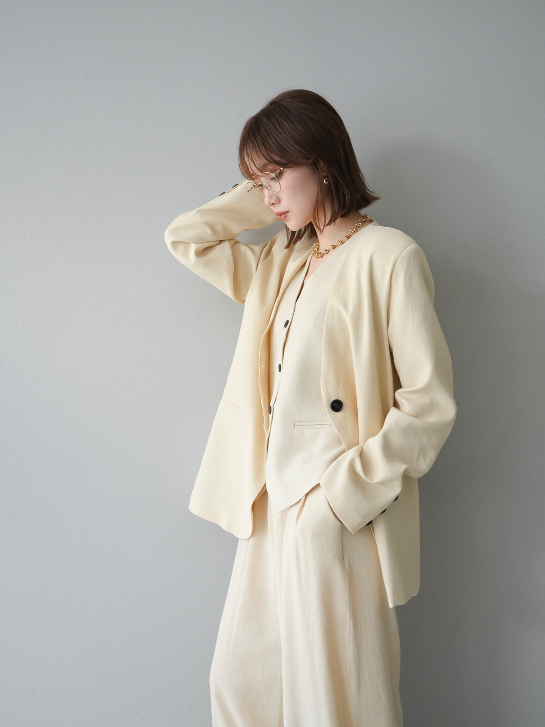 [予約]ノーカラーオーバージャケット/ベージュ
