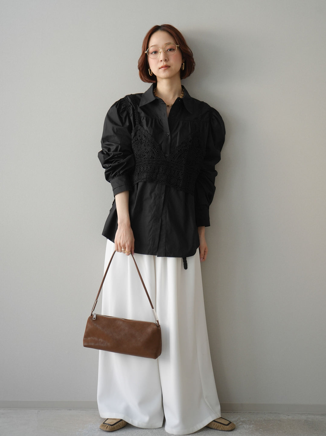 [予約]編み込みベルト付タックワイドパンツ/white