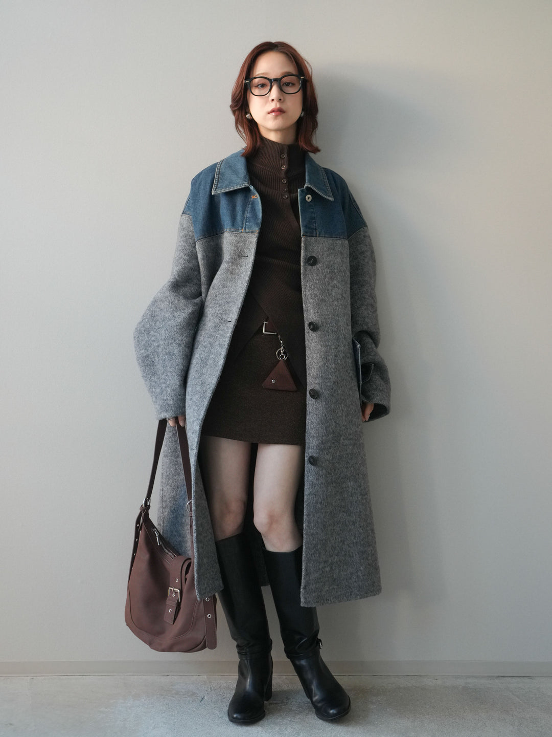 [予約]ウールタッチベルト付ミニスカート/brown