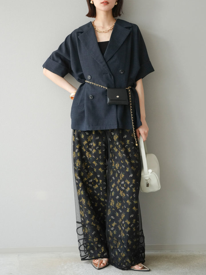 [SET]コード刺繍チュールレイヤードパンツ+ブーケプリントタックパンツ(2set)