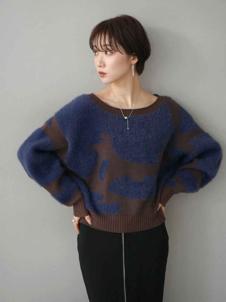 [Pre-order] Shaggy nuance cropped knit pullover/navy