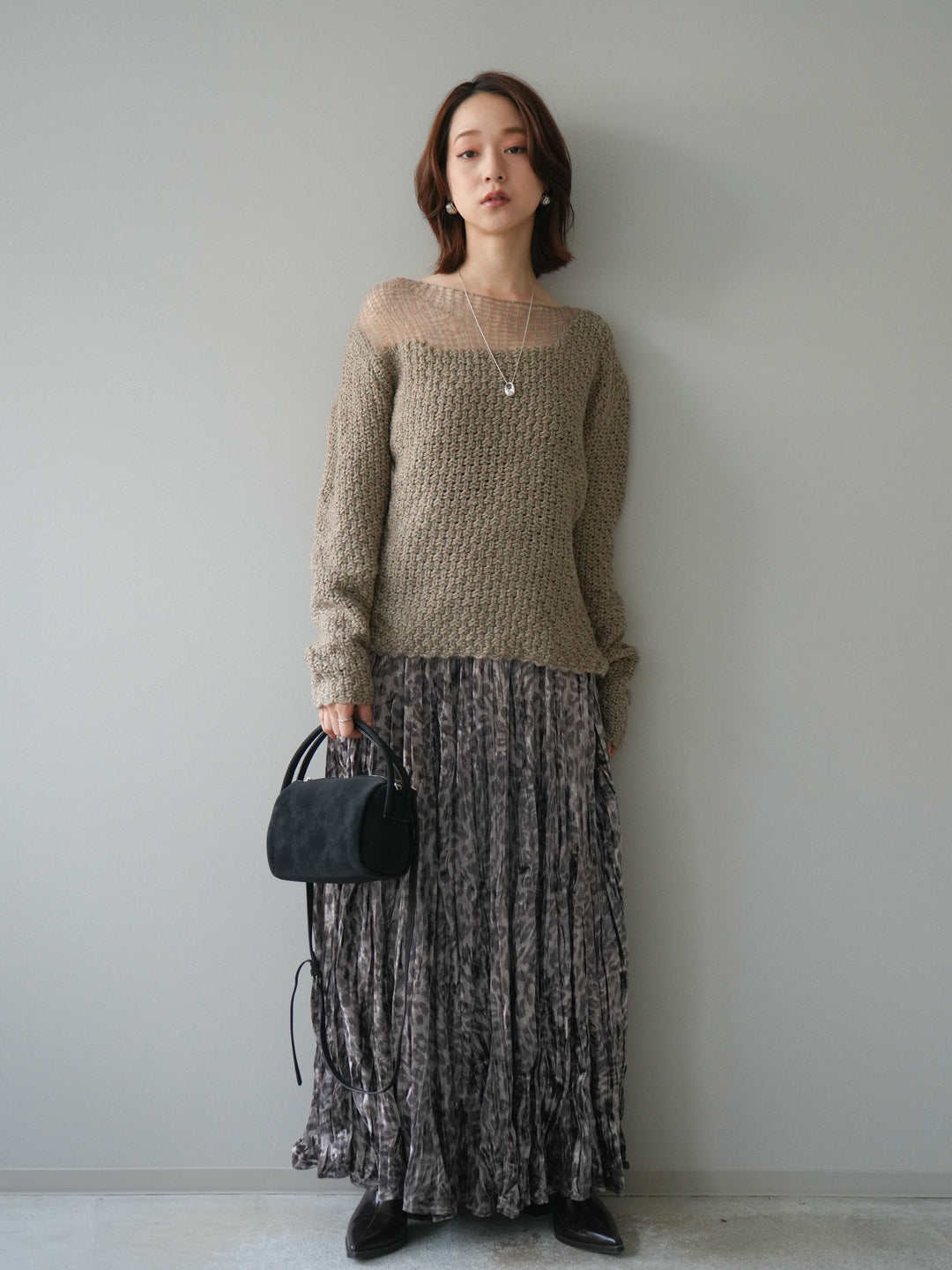 [予約]レオパードベロアワッシャーロングスカート/gray
