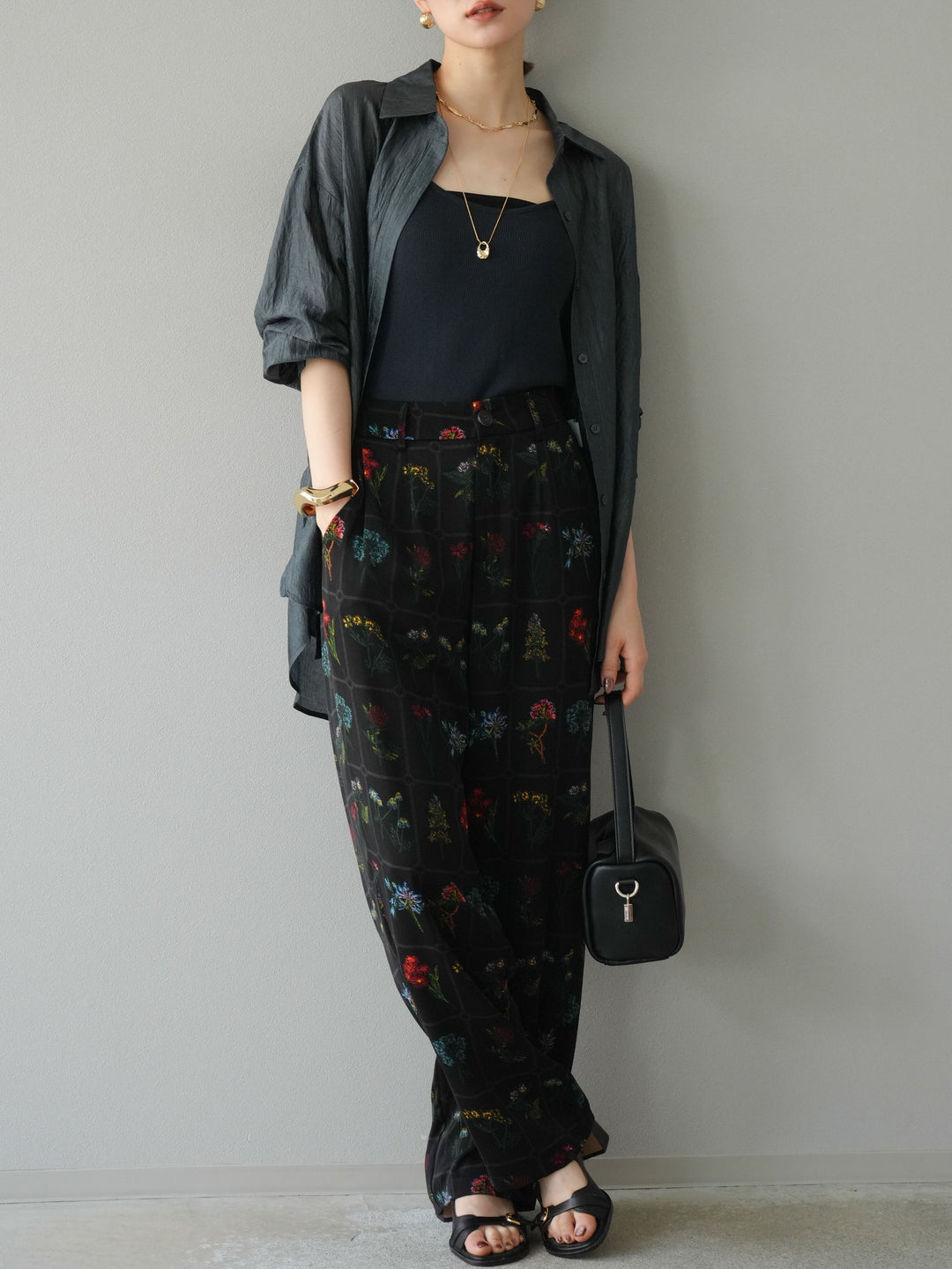 [予約]パッチワークフラワープリントイージーパンツ/ブラック