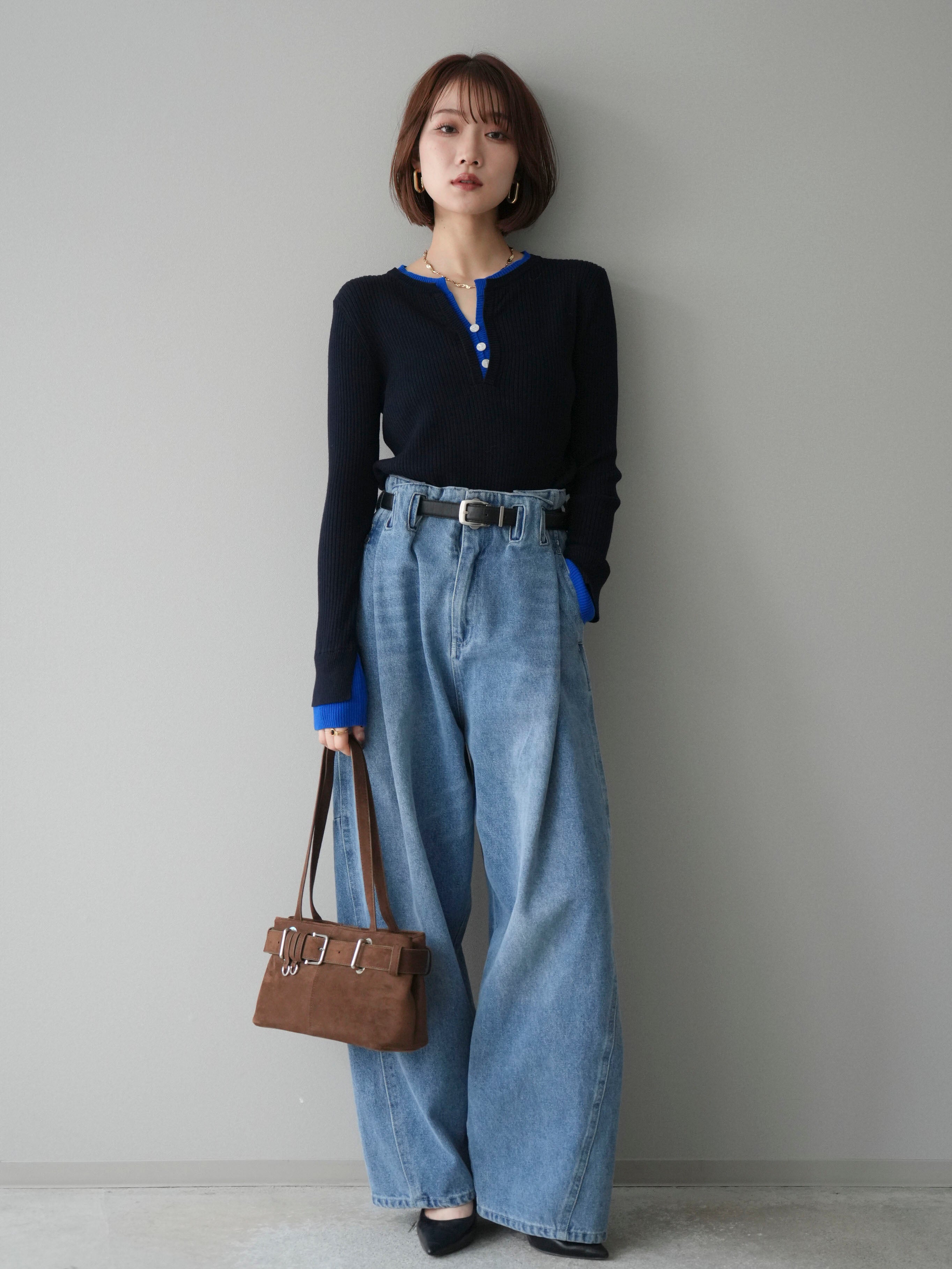 予約]バイカラーキーネックリブニットトップス/blue – Lumier