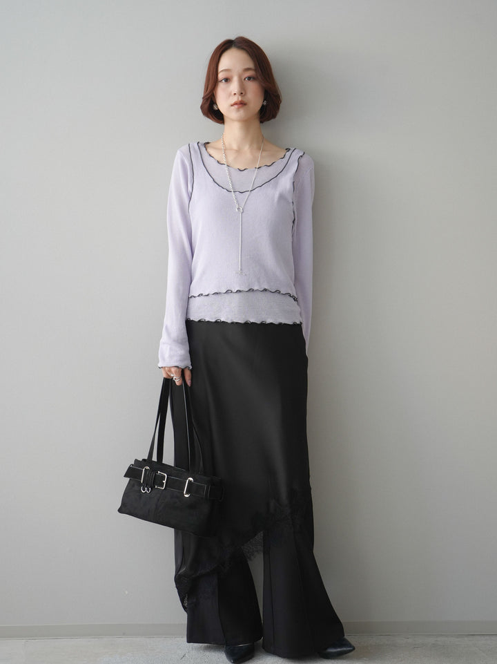 [予約]サテンライクアシメレーススカート/black