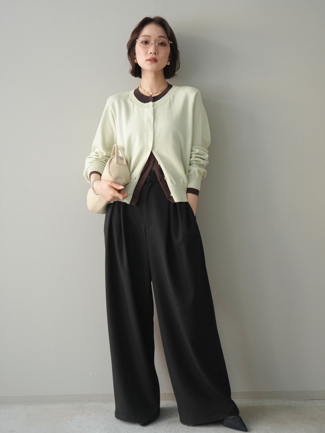 [予約]配色レイヤードコットンアクリルニットカーディガン/mint