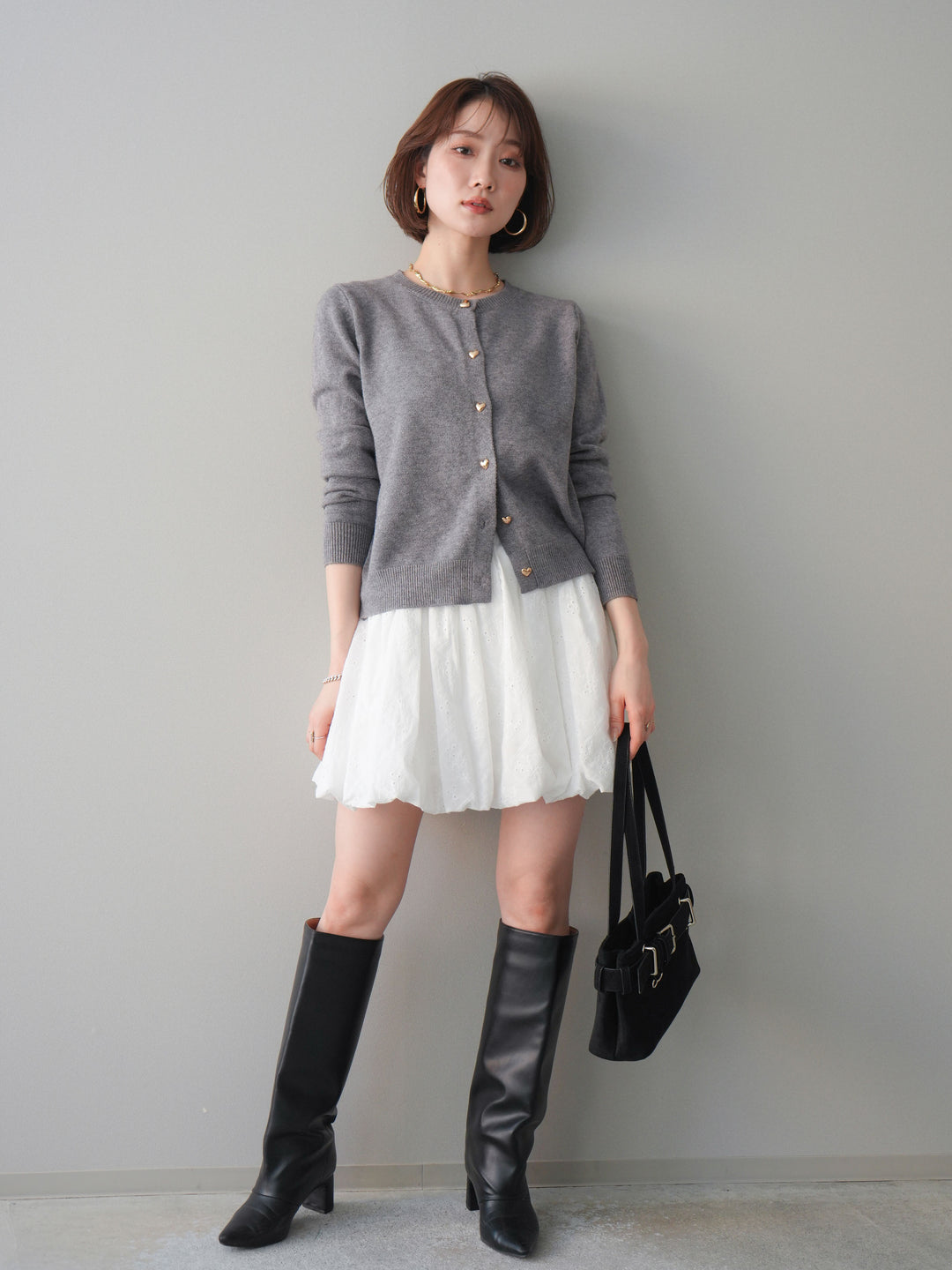 [SET]ハートボタンニットカーディガン+コットンライクレースバルーンミニスカート(2set)