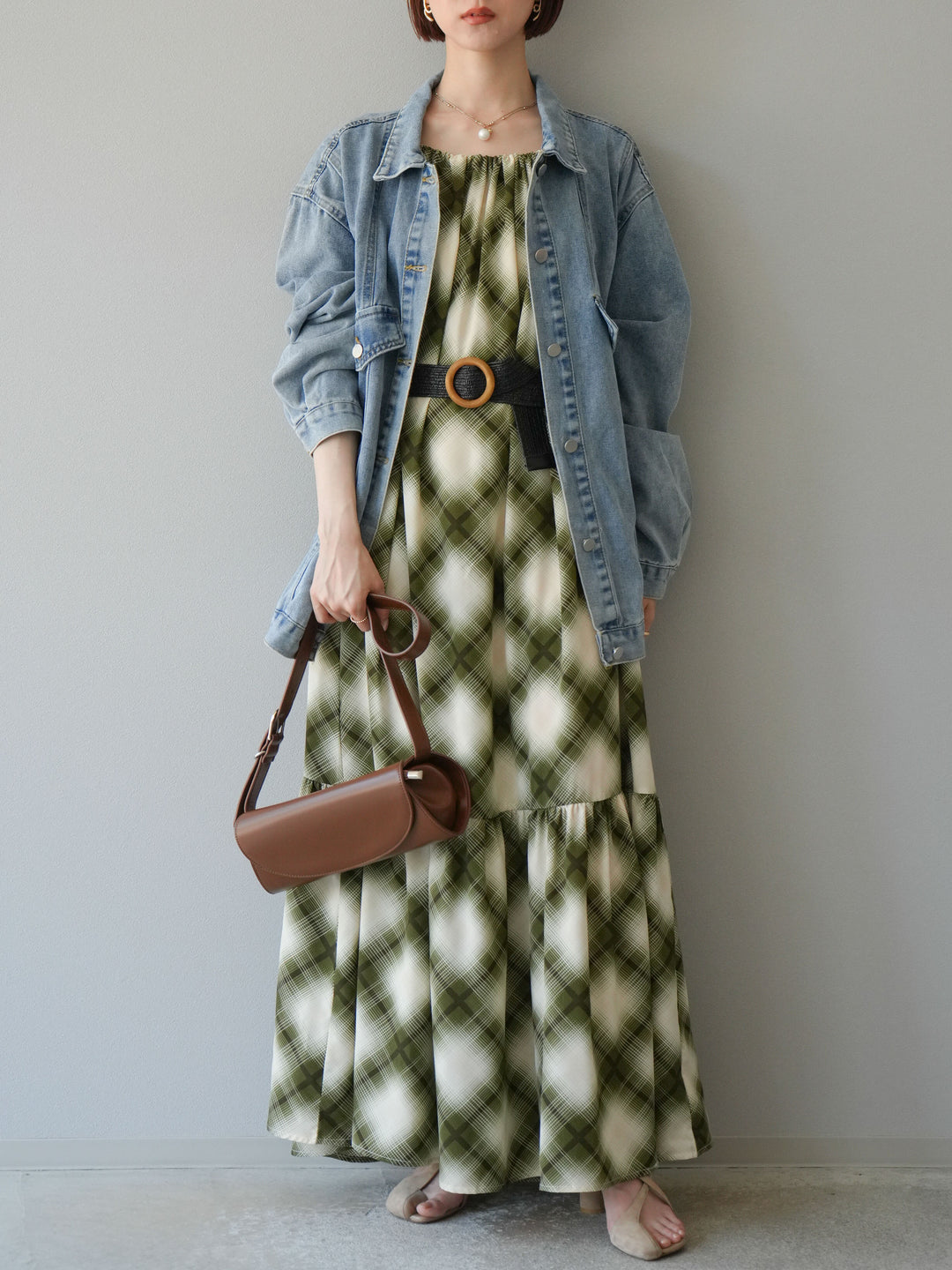 [SET]ベルト付チェックノースリーブワンピース+ビンテージデザインBIGデニムジャケット(2set)