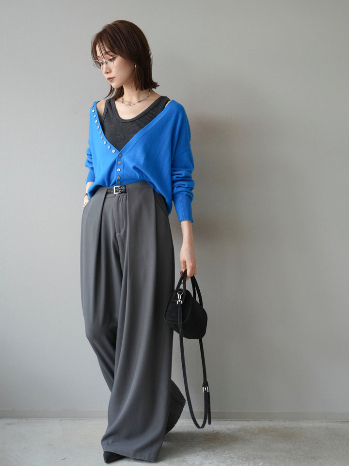 [SET]デザインボタンニットカーディガン＆タンクトップSET+ベルトループデザインワイドパンツ(2set)