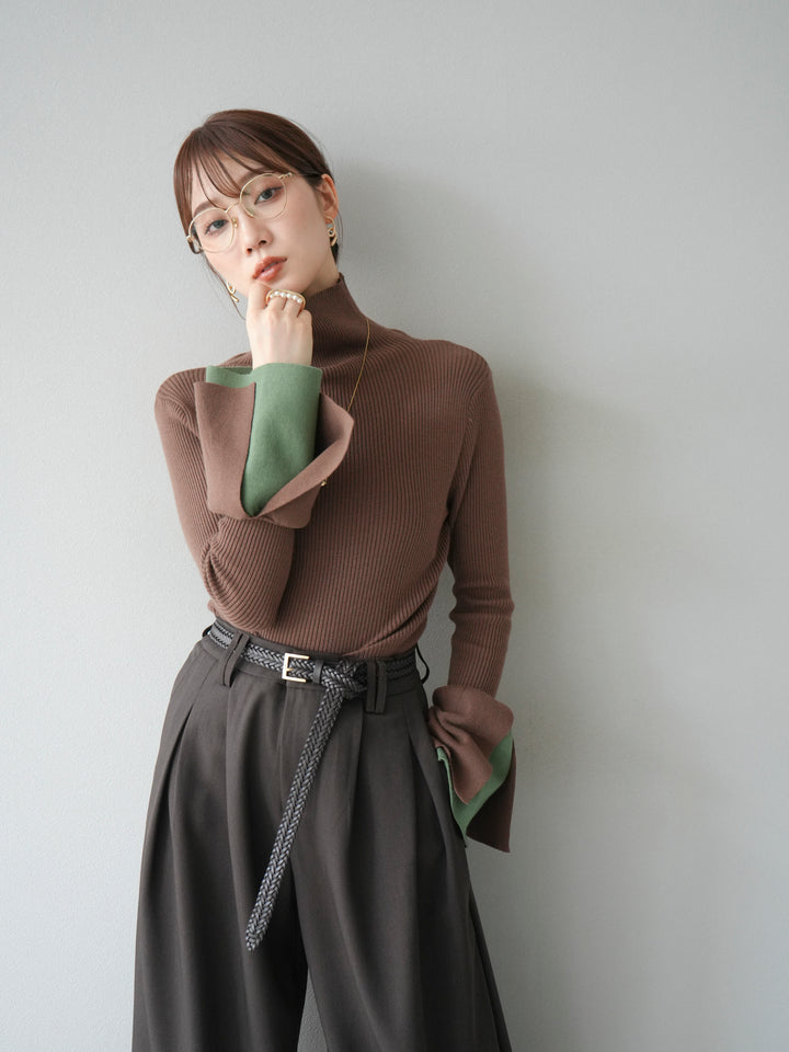 [予約]レイヤードフレアスリーブハイネックニットトップス/ブラウン