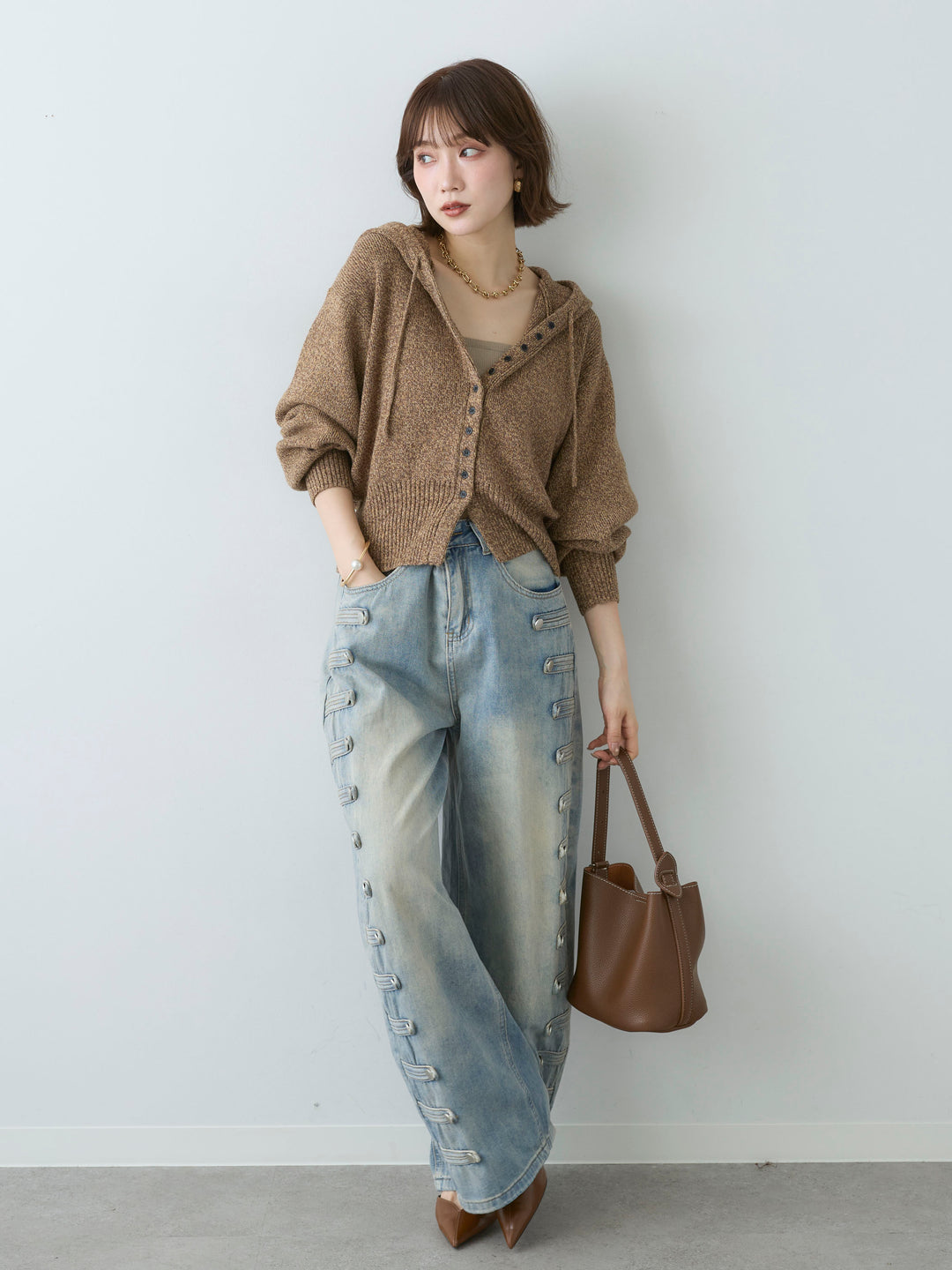 [予約]メランジボリュームスリーブフードニットカーディガン/brown