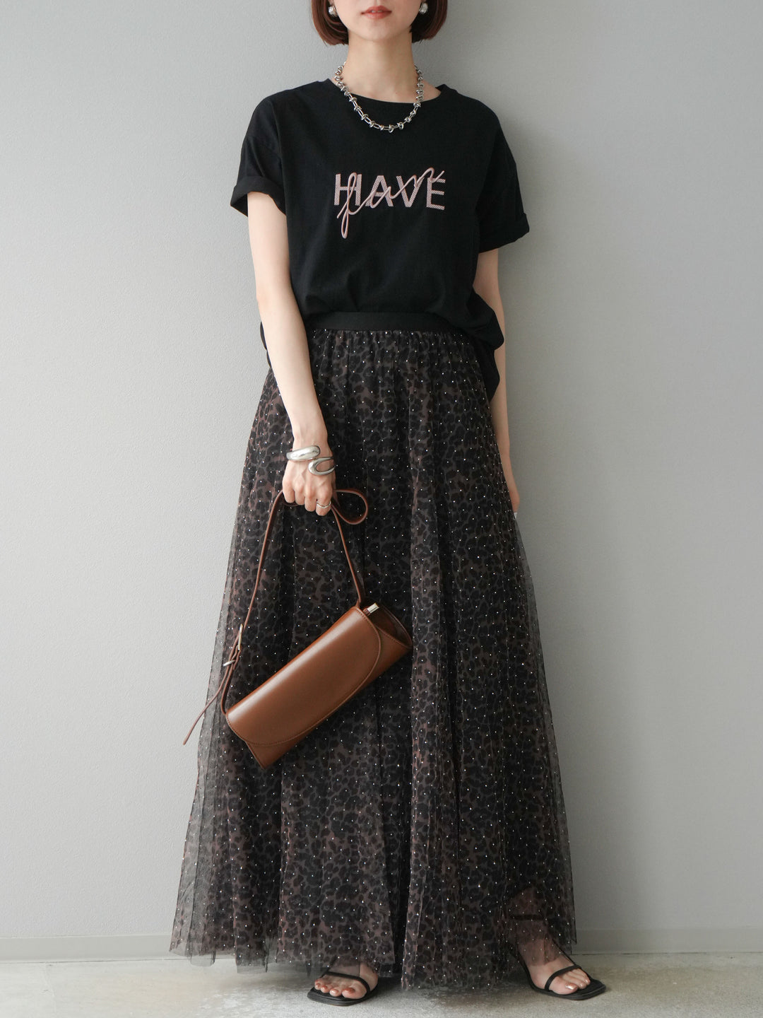 [5] 豹紋薄紗層疊百褶裙/摩卡色