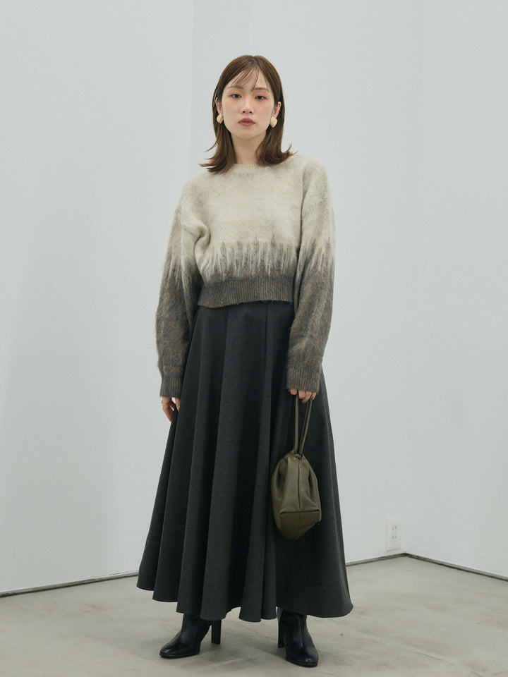 【Allure】[SET]グラデージョンクロップドシャギーニットプルオーバー+ウールタッチフレアスカート(2set)