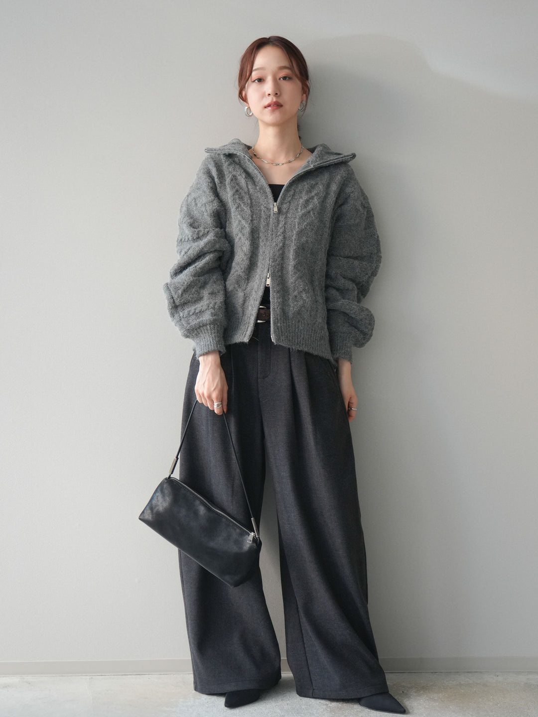 [SET]ケーブル編みハイネックZIPニットカーディガン+アニマル柄ベルト付きウールタッチワイドパンツ(2set)