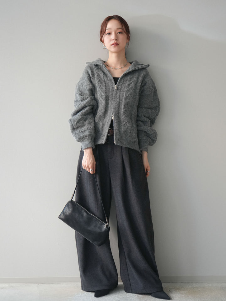 [SET]ケーブル編みハイネックZIPニットカーディガン+アニマル柄ベルト付きウールタッチワイドパンツ(2set)
