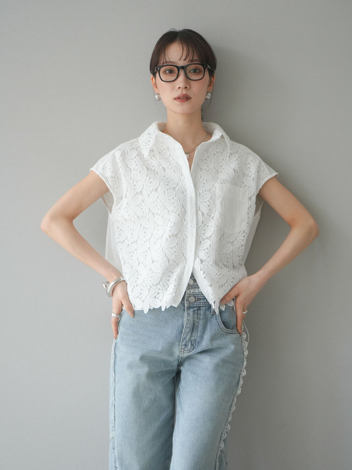 【預購】蕾絲分層抽繩襯衫/白色