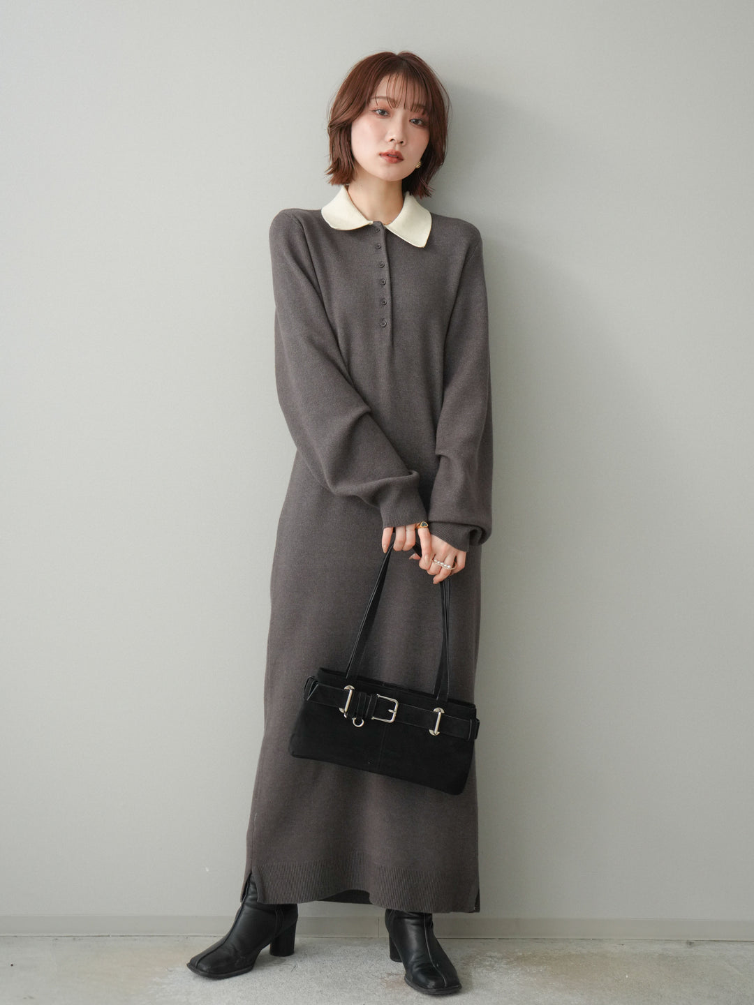 [予約]配色ポロニットワンピース/charcoal