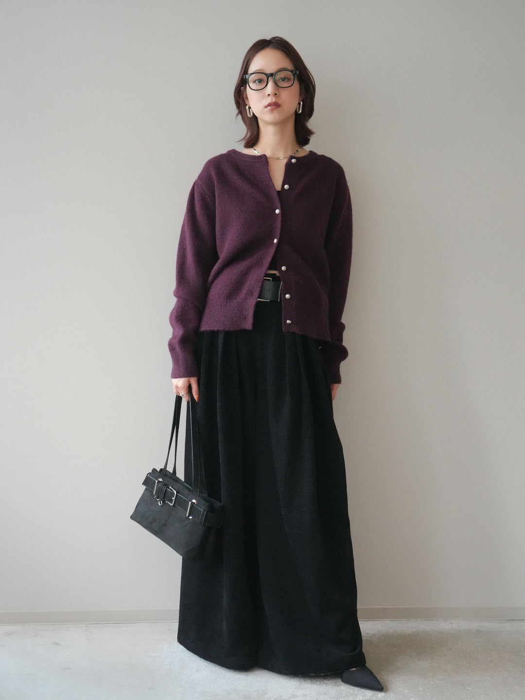 [SET]アンティークボタンニットカーディガン+ベルトデザインループコールテンワイドパンツ(ベルト付き)(2set)