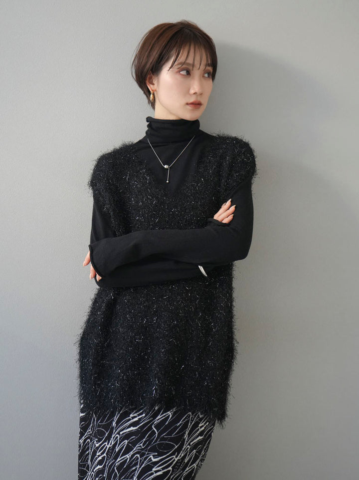 [Pre-order] Soft glitter shaggy V-neck knit vest/black