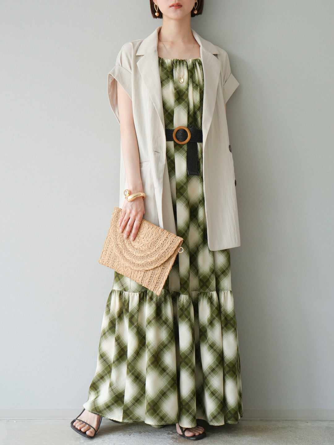 [SET]ベルト付チェックノースリーブワンピース+リネンライクノースリーブダブルジレ(2set)