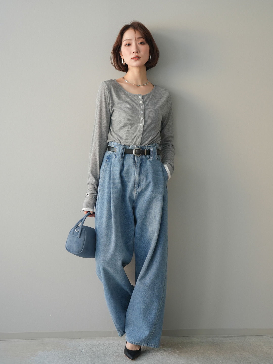 [予約]シアーリブバイカラーカーディガン/gray