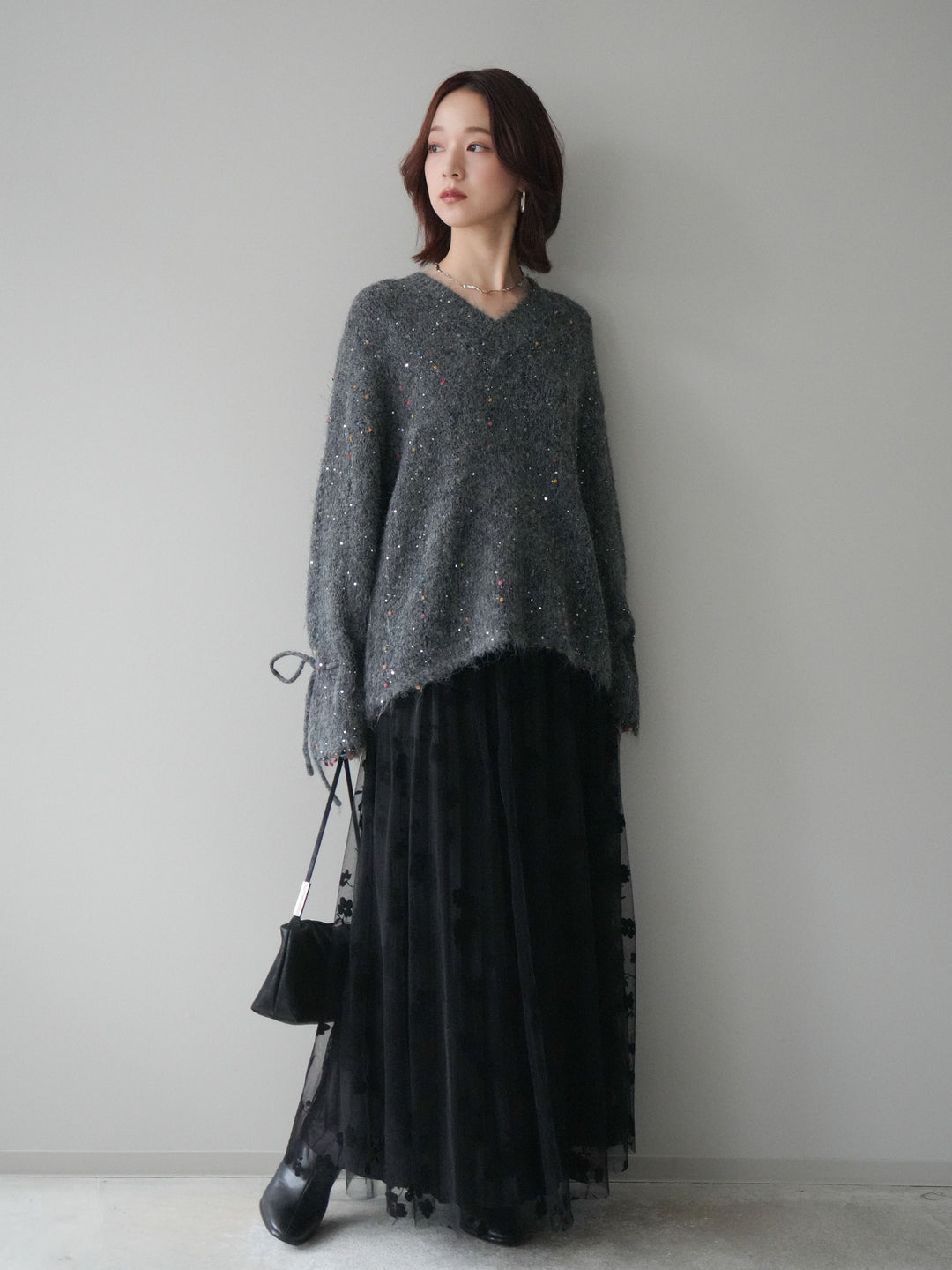 [SET]キャンディースリーブカラーネップスパンコールニットプルオーバー+フラワーフロッキーチュールプリーツスカート(2set)