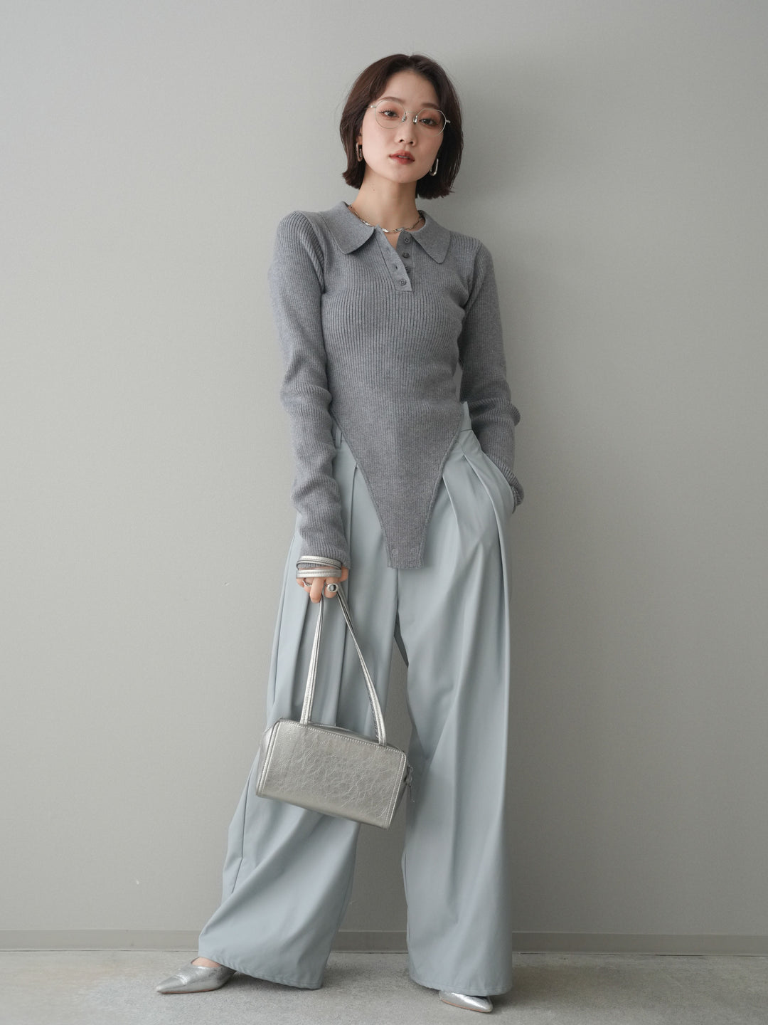 [予約]リブポロニットボディスーツ/mokugray