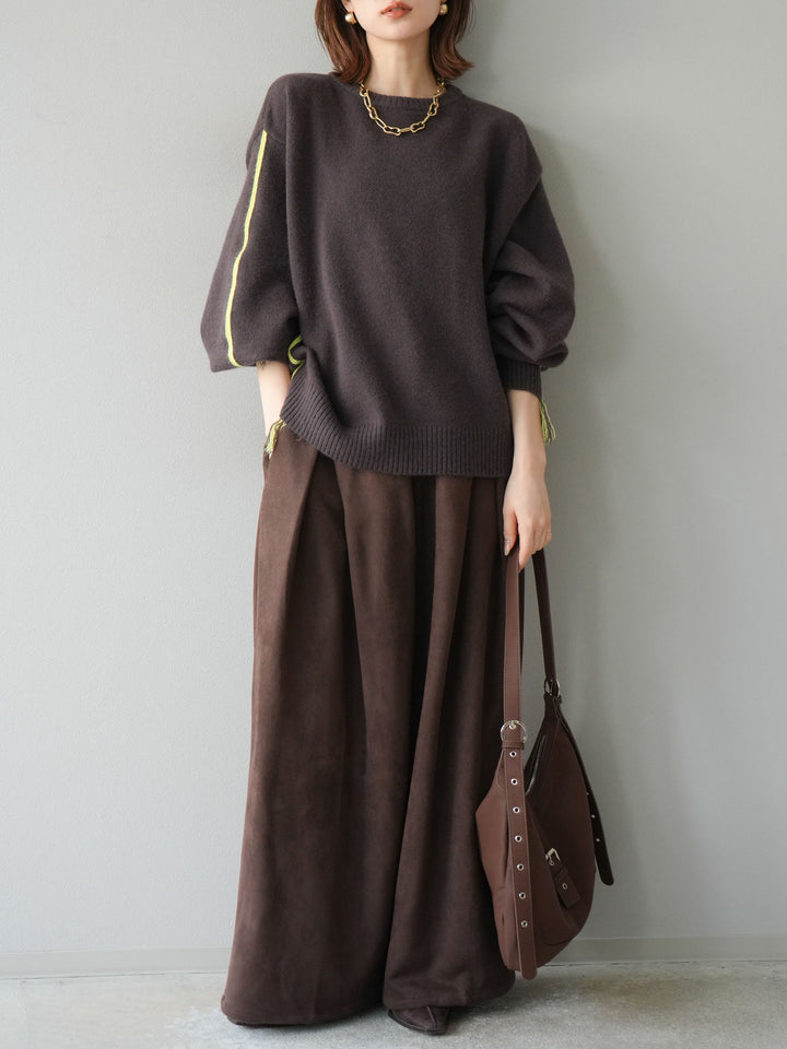 [SET]配色ステッチフリンジニットプルオーバー +スウェードタックワイドパンツ(2set)