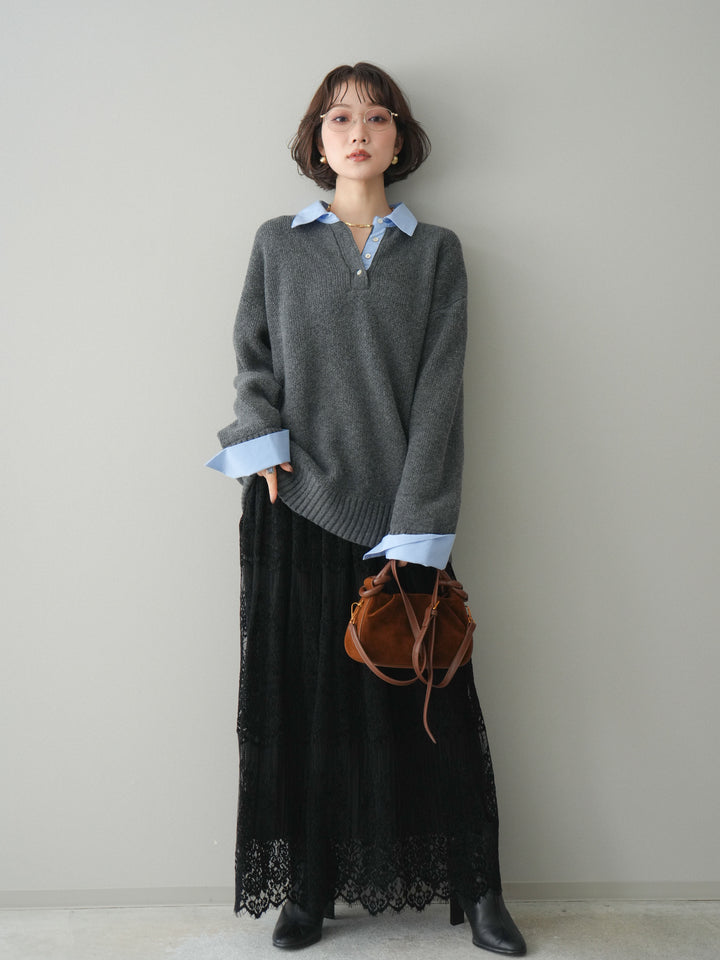 [予約]シャツドッキングオーバーニットプルオーバー/charcoalsax