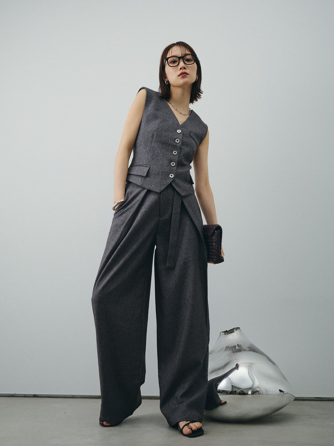 [SET]フラワーモチーフレースアップジレ＆ベルト付ワイドパンツSET UP(2set)