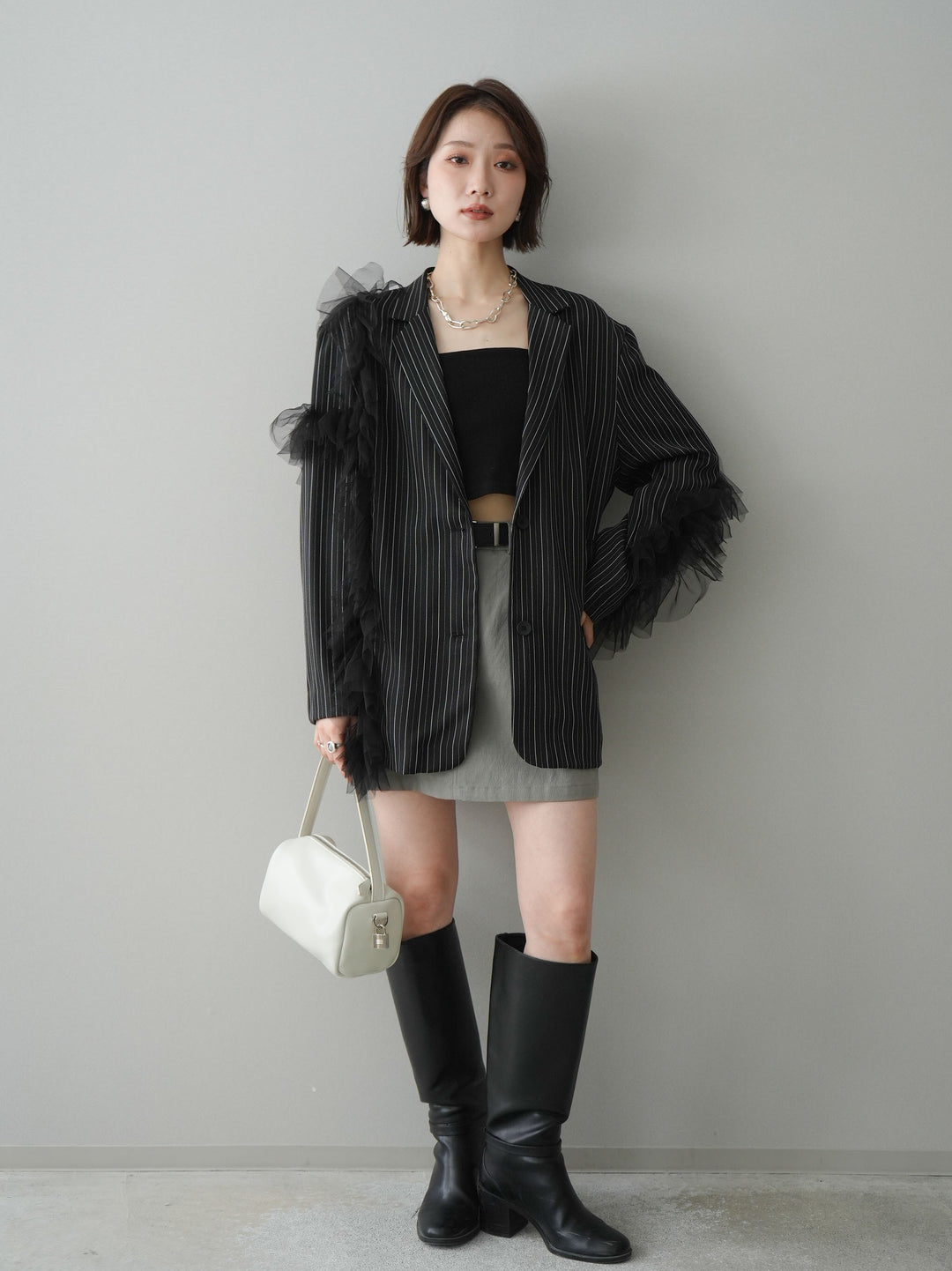 [予約]アシンメトリーチュールストライプジャケット/black