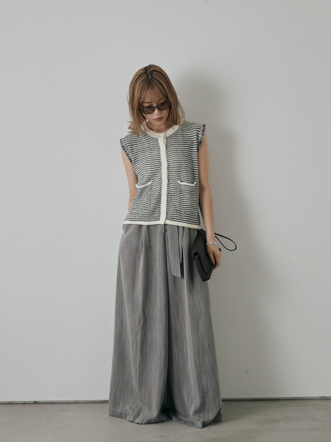 【預購】仿麻腰帶寬褲/灰色