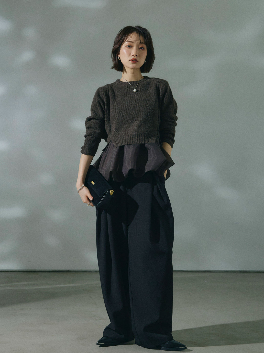 【Allure】[SET]オーガンジーバルーンキャミアンサンブルニット+アシンメトリーウエストタックパンツ(2set)